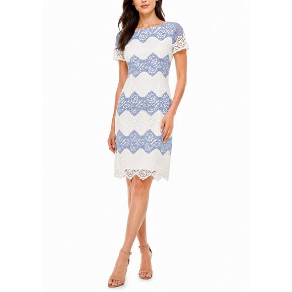 London Times Dresses & Skirts - London Times Blue White Lace Sheath Dress Elegant Floral Crochet Overlay Size 6
